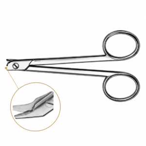 Suture wire cutting scissors with a circular blade detail inset